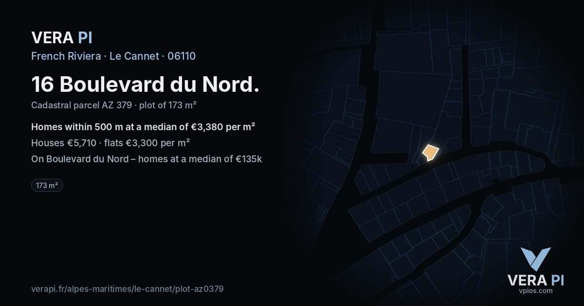 16 Boulevard du Nord, Le Cannet at night – the plot lit, the parcels around coloured by the prices near them