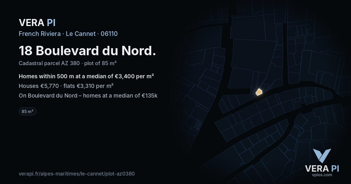 18 Boulevard du Nord, Le Cannet at night – the plot lit, the parcels around coloured by the prices near them