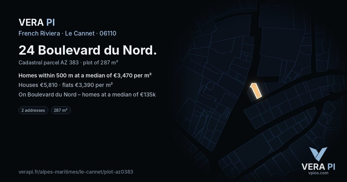 24 Boulevard du Nord, Le Cannet at night – the plot lit, the parcels around coloured by the prices near them
