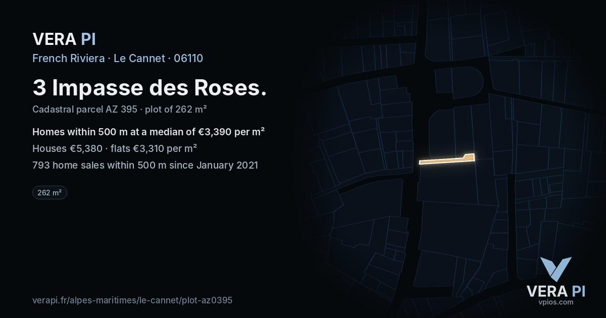 3 Impasse des Roses, Le Cannet at night – the plot lit, the parcels around coloured by the prices near them