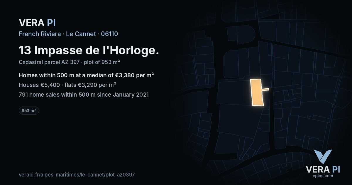 13 Impasse de l'Horloge, Le Cannet at night – the plot lit, the parcels around coloured by the prices near them