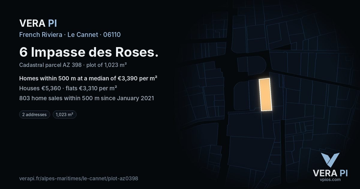 6 Impasse des Roses, Le Cannet at night – the plot lit, the parcels around coloured by the prices near them