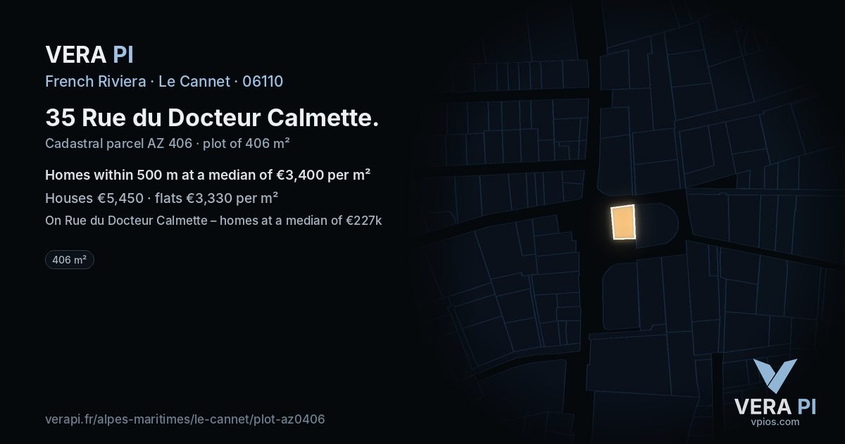 35 Rue du Docteur Calmette, Le Cannet at night – the plot lit, the parcels around coloured by the prices near them