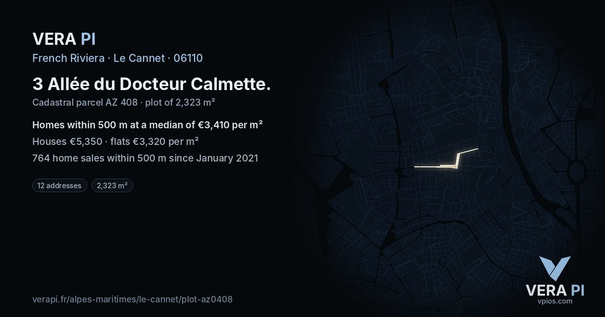 3 Allée du Docteur Calmette, Le Cannet at night – the plot lit, the parcels around coloured by the prices near them