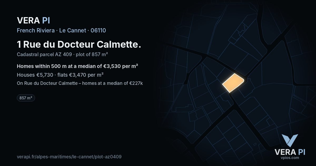 1 Rue du Docteur Calmette, Le Cannet at night – the plot lit, the parcels around coloured by the prices near them