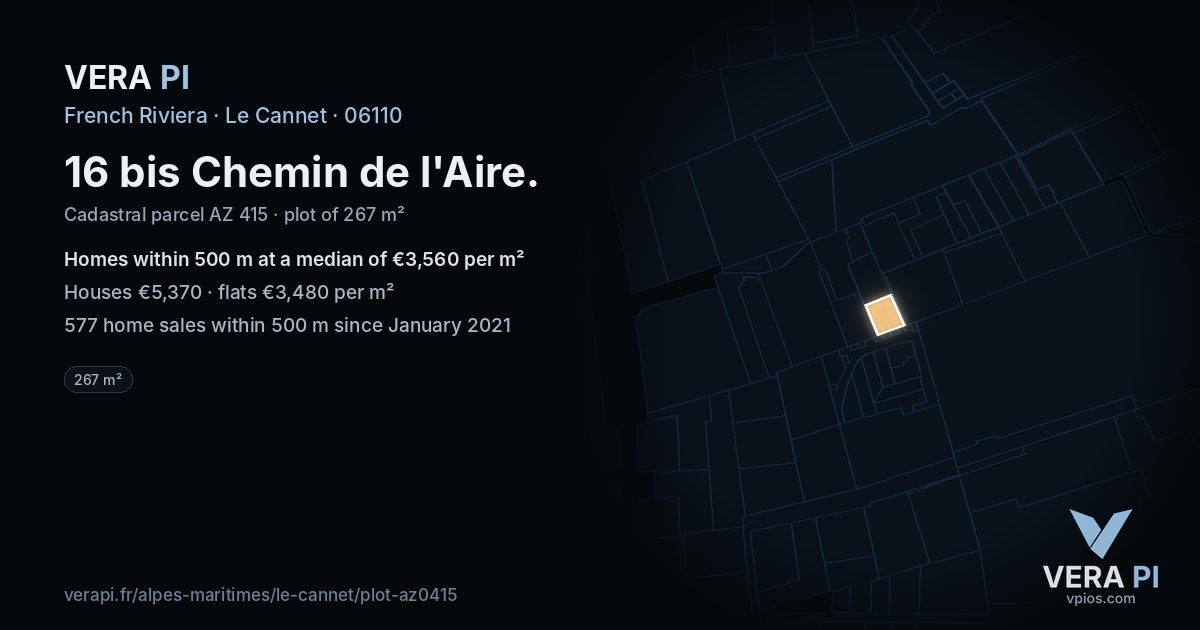 16 bis Chemin de l'Aire, Le Cannet at night – the plot lit, the parcels around coloured by the prices near them