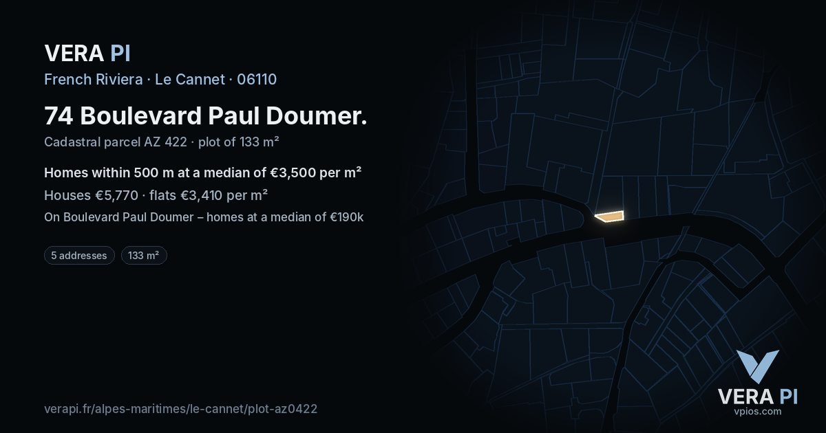 74 Boulevard Paul Doumer, Le Cannet at night – the plot lit, the parcels around coloured by the prices near them