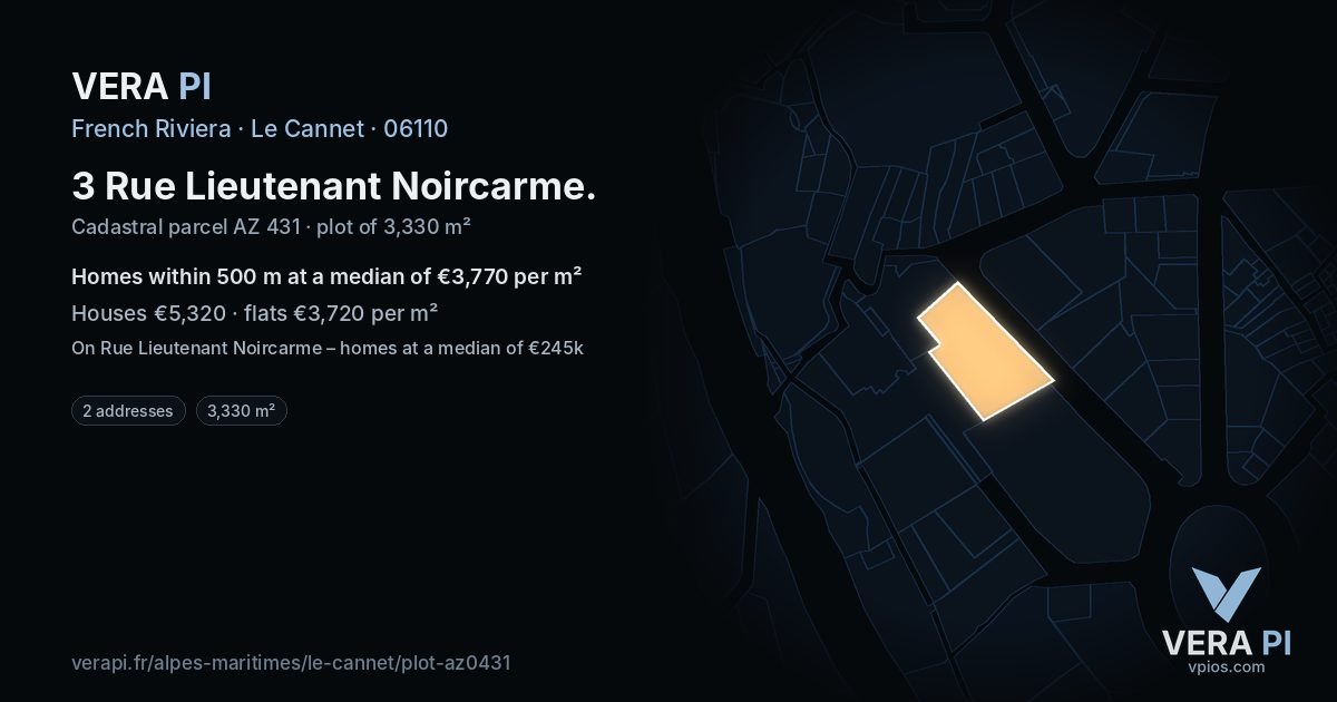 3 Rue Lieutenant Noircarme, Le Cannet at night – the plot lit, the parcels around coloured by the prices near them