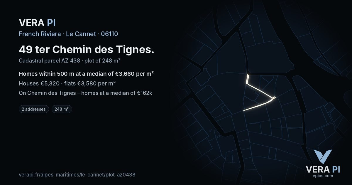 49 ter Chemin des Tignes, Le Cannet at night – the plot lit, the parcels around coloured by the prices near them
