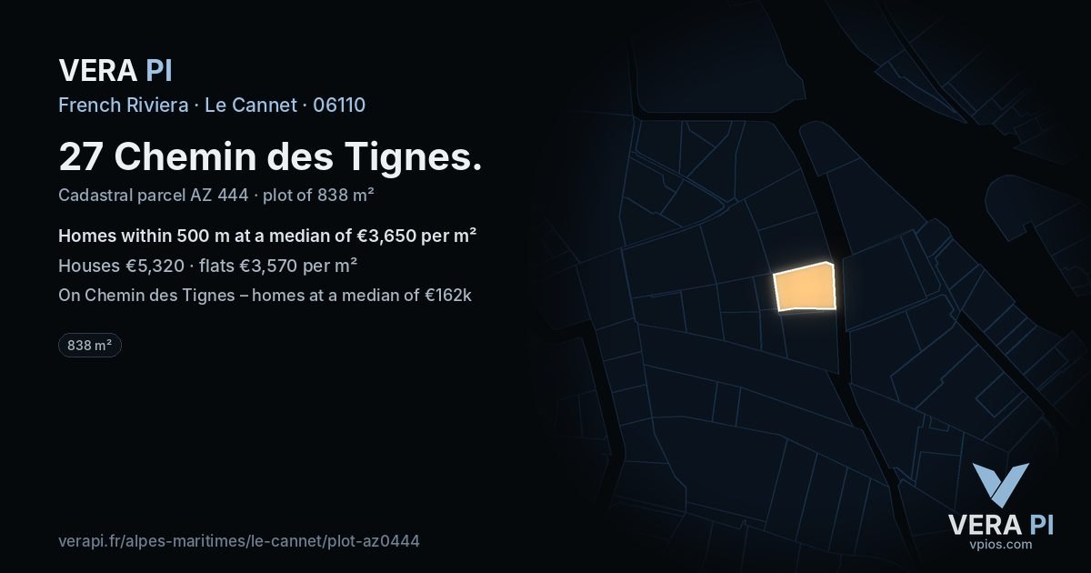 27 Chemin des Tignes, Le Cannet at night – the plot lit, the parcels around coloured by the prices near them