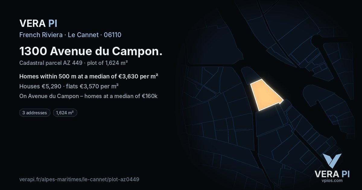 1300 Avenue du Campon, Le Cannet at night – the plot lit, the parcels around coloured by the prices near them