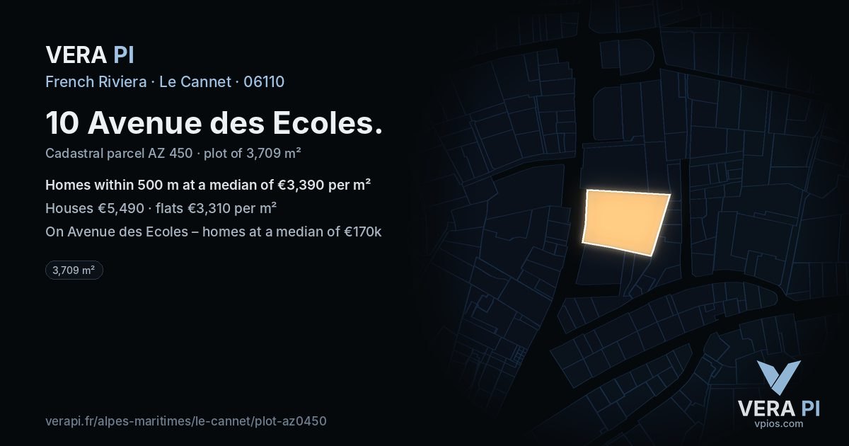 10 Avenue des Ecoles, Le Cannet at night – the plot lit, the parcels around coloured by the prices near them