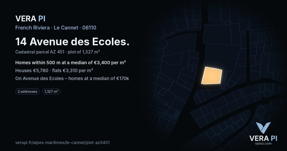 14 Avenue des Ecoles, Le Cannet at night – the plot lit, the parcels around coloured by the prices near them
