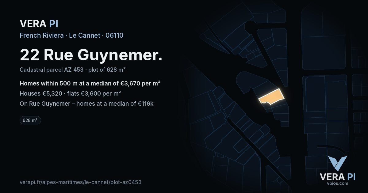 22 Rue Guynemer, Le Cannet at night – the plot lit, the parcels around coloured by the prices near them