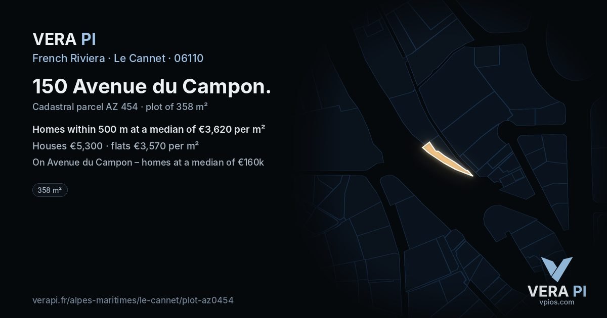 150 Avenue du Campon, Le Cannet at night – the plot lit, the parcels around coloured by the prices near them