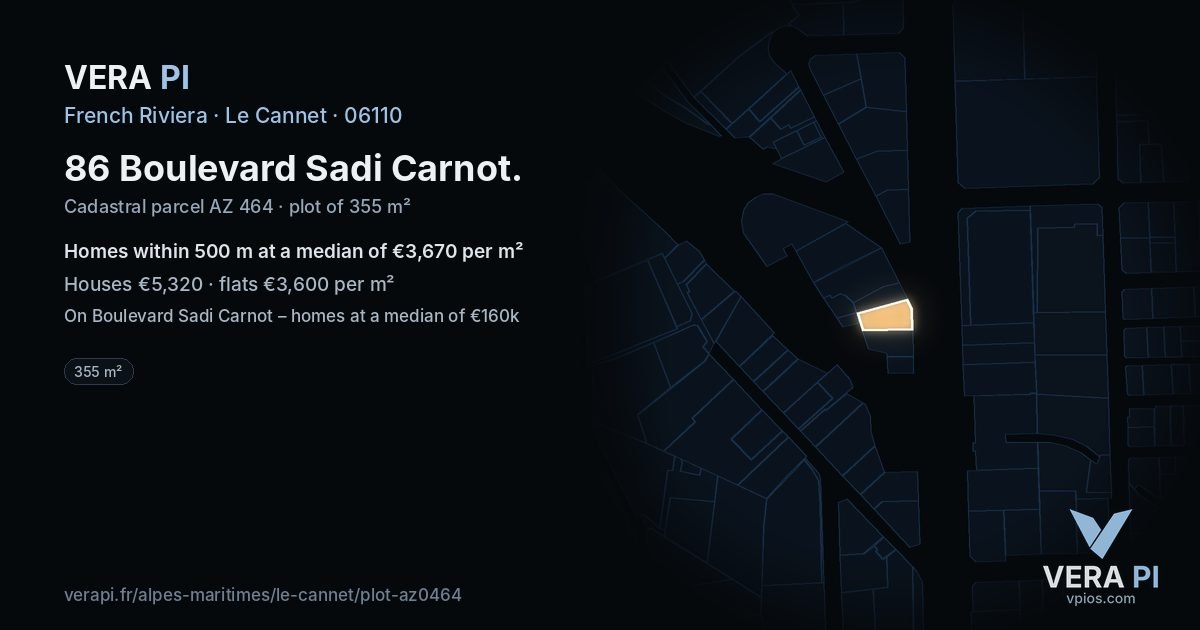 86 Boulevard Sadi Carnot, Le Cannet at night – the plot lit, the parcels around coloured by the prices near them