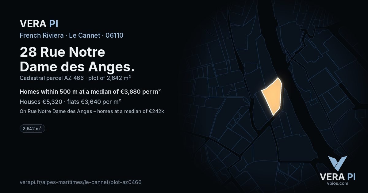 28 Rue Notre Dame des Anges, Le Cannet at night – the plot lit, the parcels around coloured by the prices near them