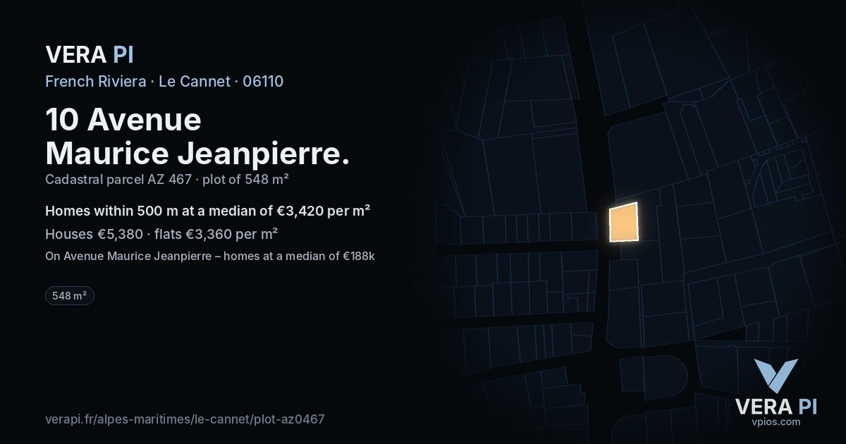 10 Avenue Maurice Jeanpierre, Le Cannet at night – the plot lit, the parcels around coloured by the prices near them