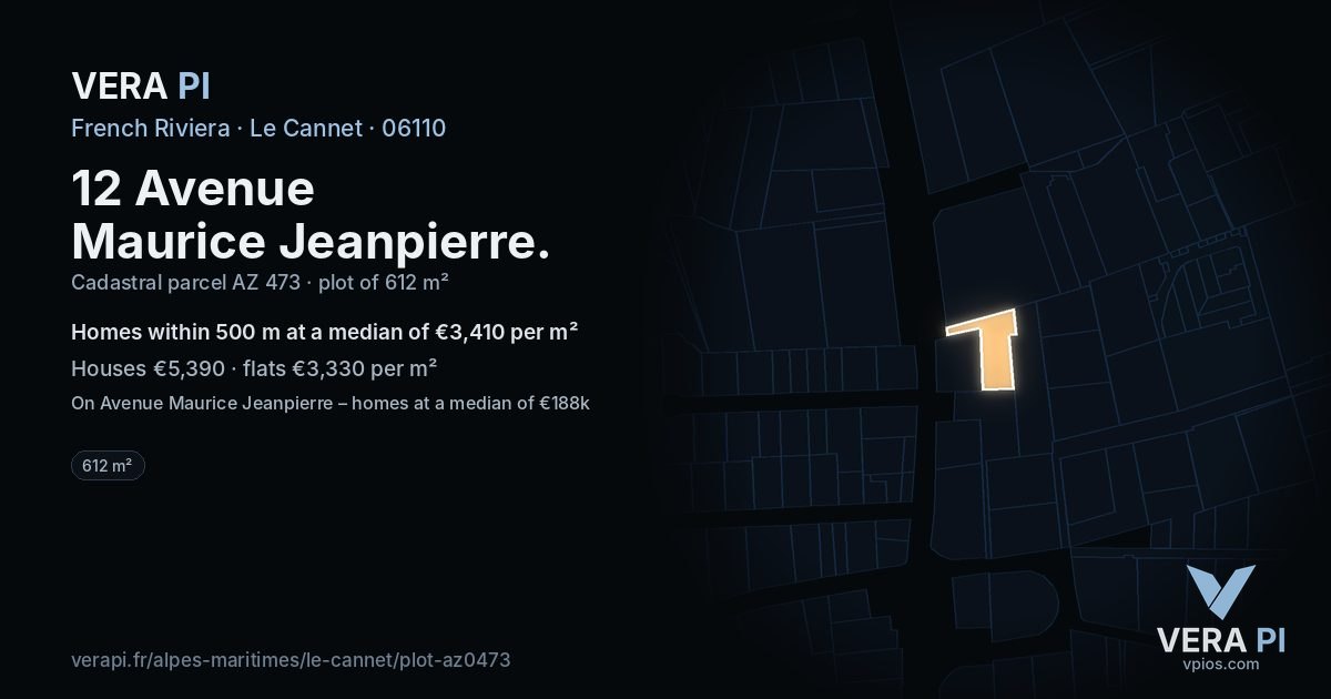 12 Avenue Maurice Jeanpierre, Le Cannet at night – the plot lit, the parcels around coloured by the prices near them