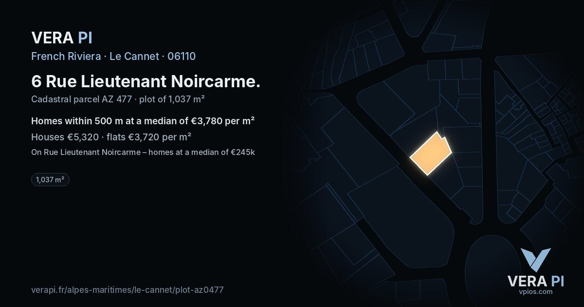 6 Rue Lieutenant Noircarme, Le Cannet at night – the plot lit, the parcels around coloured by the prices near them