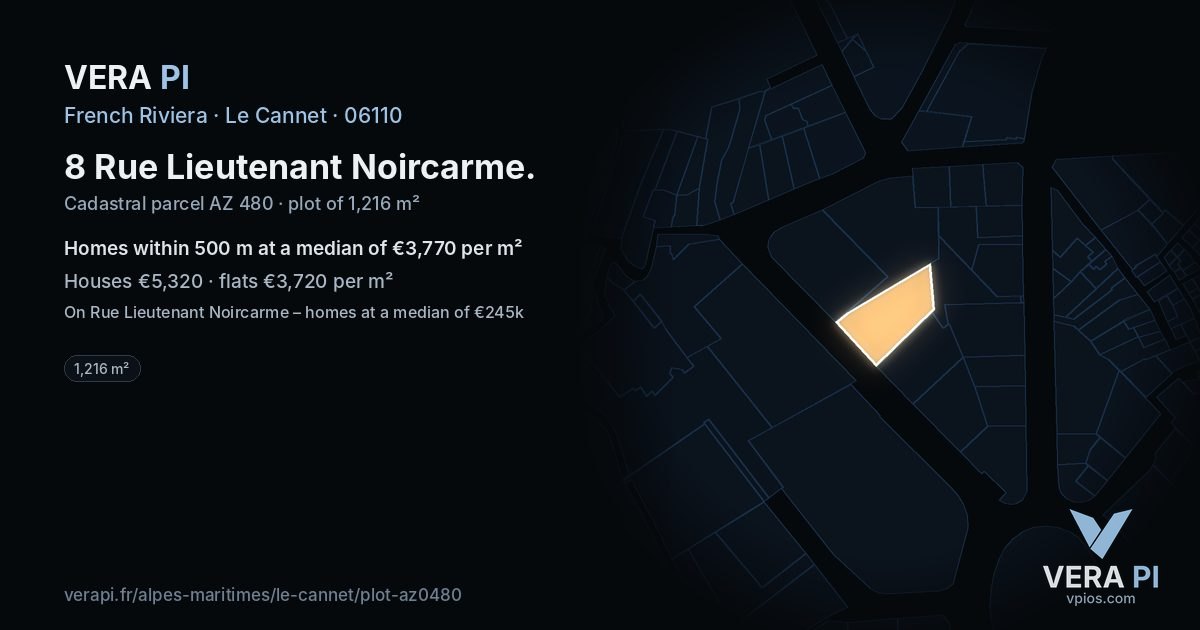 8 Rue Lieutenant Noircarme, Le Cannet at night – the plot lit, the parcels around coloured by the prices near them