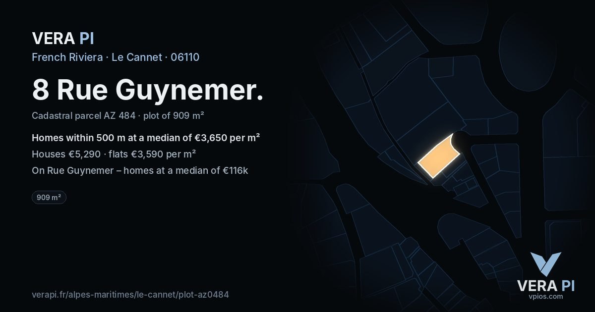 8 Rue Guynemer, Le Cannet at night – the plot lit, the parcels around coloured by the prices near them