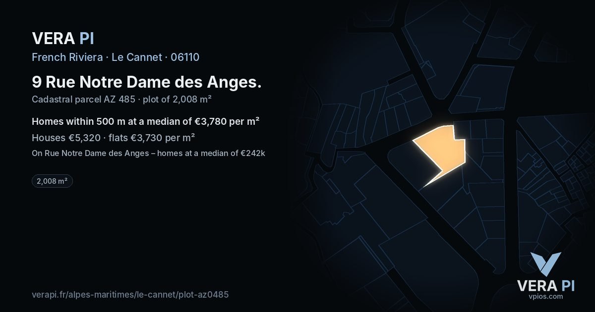 9 Rue Notre Dame des Anges, Le Cannet at night – the plot lit, the parcels around coloured by the prices near them