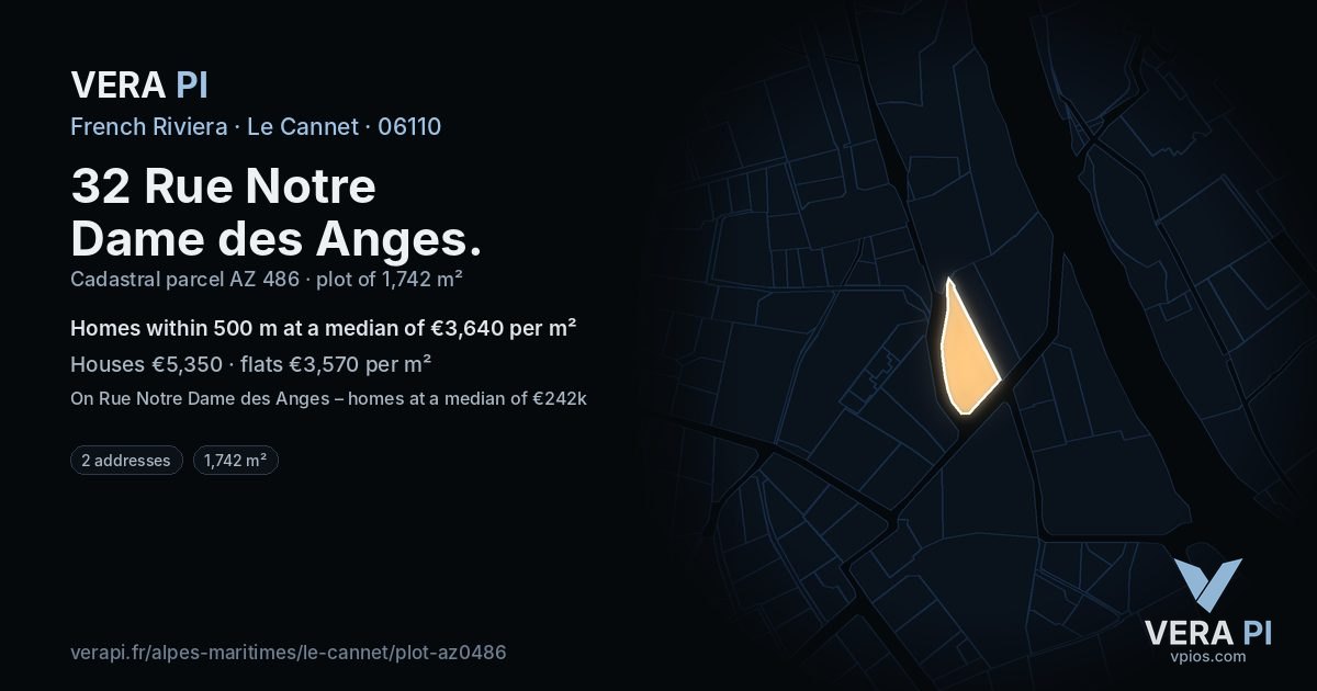 32 Rue Notre Dame des Anges, Le Cannet at night – the plot lit, the parcels around coloured by the prices near them
