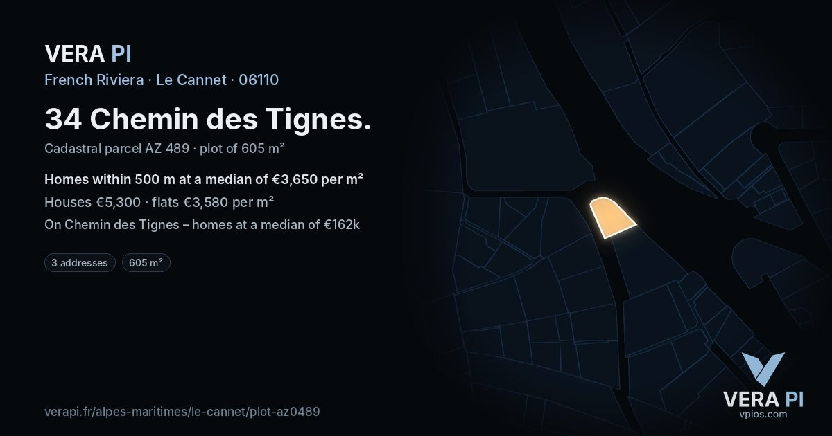 34 Chemin des Tignes, Le Cannet at night – the plot lit, the parcels around coloured by the prices near them
