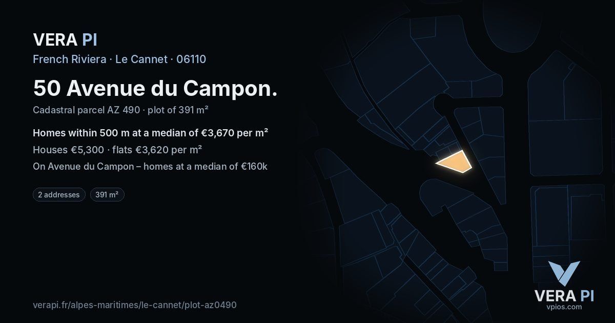50 Avenue du Campon, Le Cannet at night – the plot lit, the parcels around coloured by the prices near them