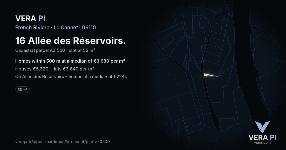 16 Allée des Réservoirs, Le Cannet at night – the plot lit, the parcels around coloured by the prices near them