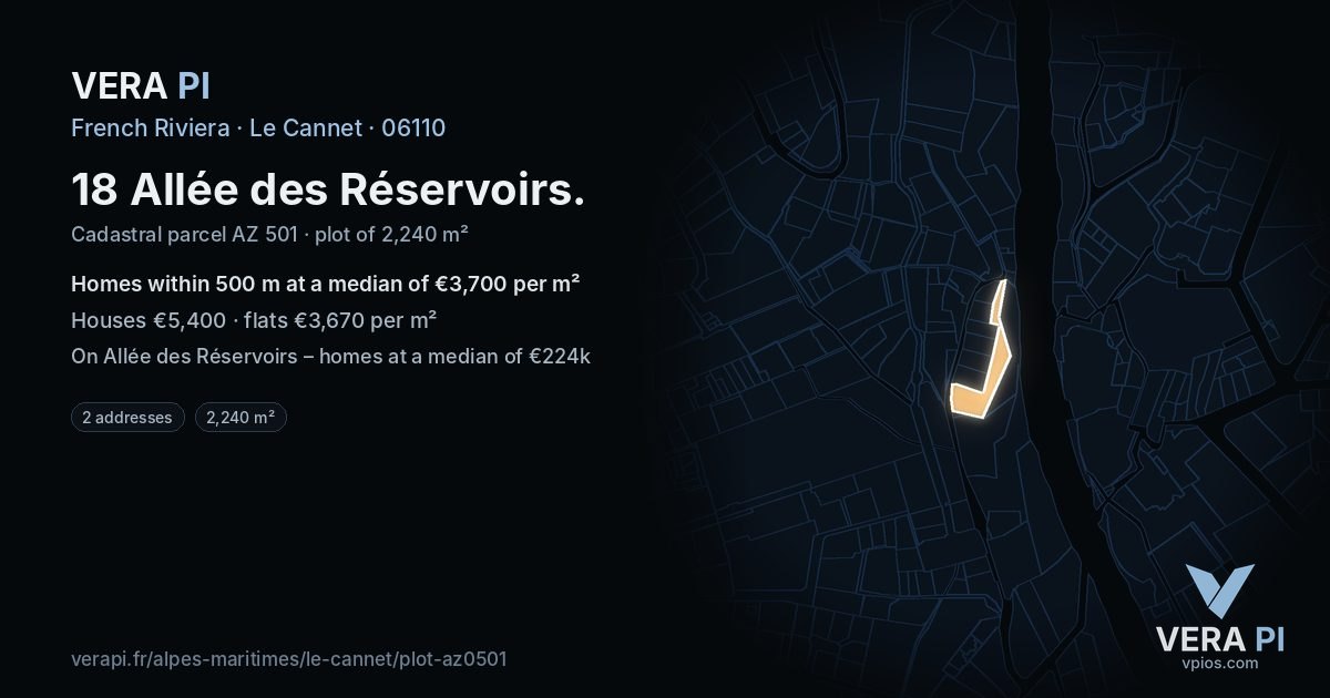 18 Allée des Réservoirs, Le Cannet at night – the plot lit, the parcels around coloured by the prices near them