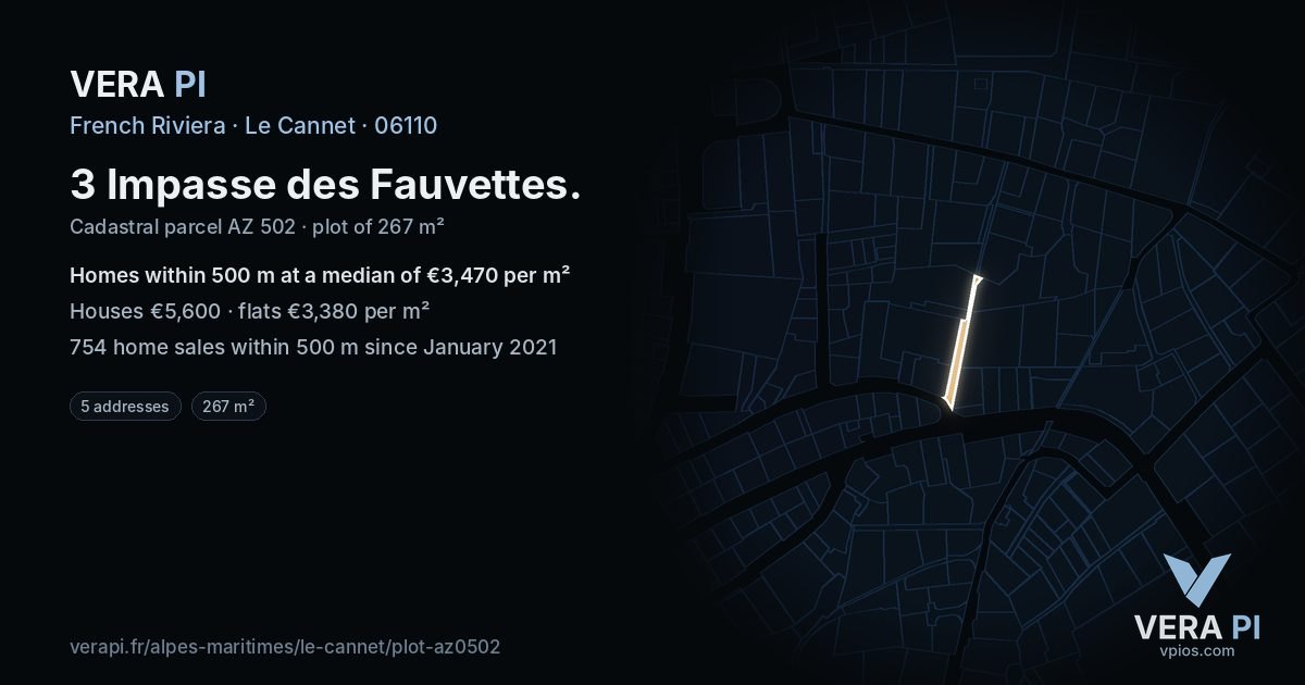 3 Impasse des Fauvettes, Le Cannet at night – the plot lit, the parcels around coloured by the prices near them