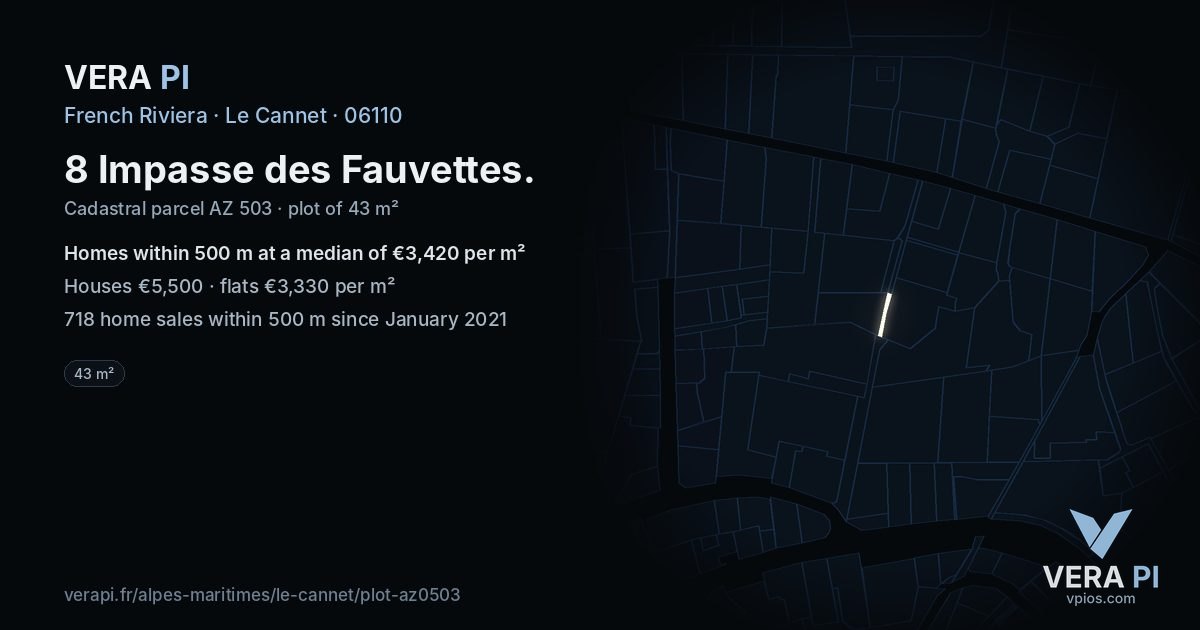 8 Impasse des Fauvettes, Le Cannet at night – the plot lit, the parcels around coloured by the prices near them
