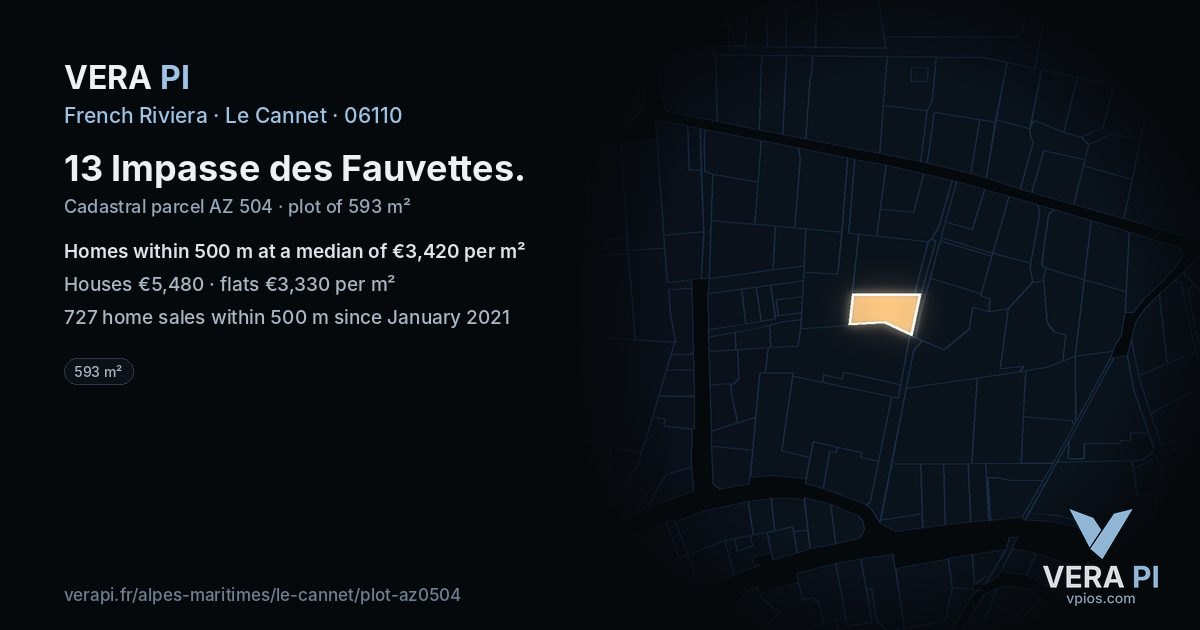 13 Impasse des Fauvettes, Le Cannet at night – the plot lit, the parcels around coloured by the prices near them