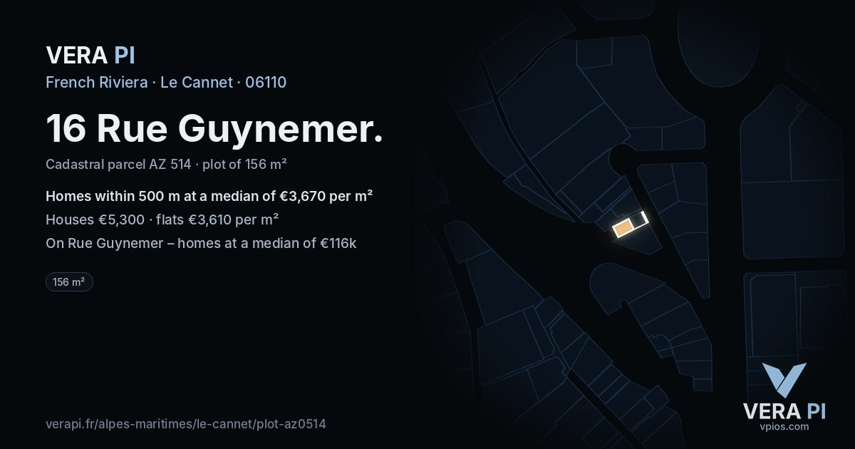 16 Rue Guynemer, Le Cannet at night – the plot lit, the parcels around coloured by the prices near them