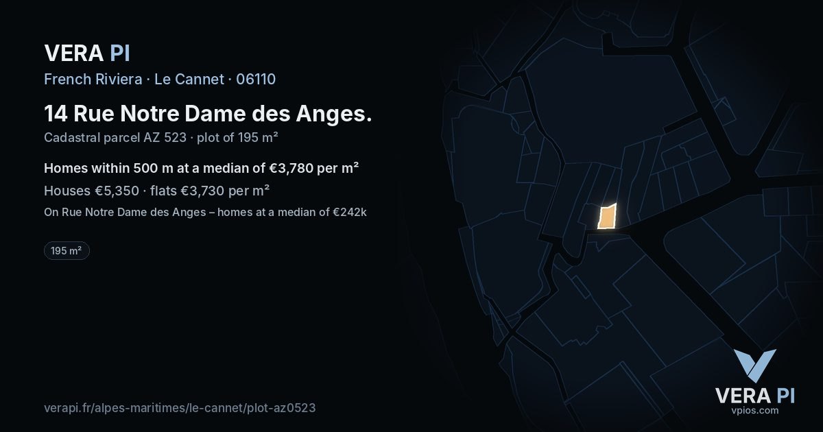 14 Rue Notre Dame des Anges, Le Cannet at night – the plot lit, the parcels around coloured by the prices near them