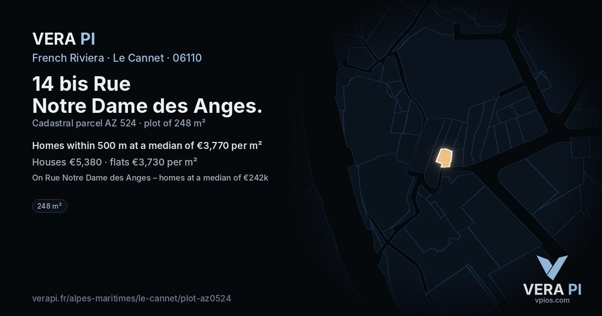 14 bis Rue Notre Dame des Anges, Le Cannet at night – the plot lit, the parcels around coloured by the prices near them