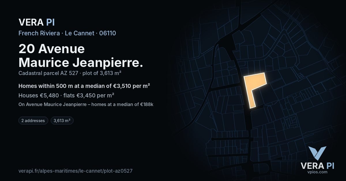 20 Avenue Maurice Jeanpierre, Le Cannet at night – the plot lit, the parcels around coloured by the prices near them