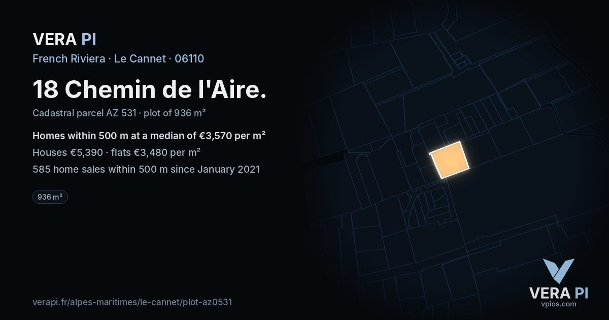 18 Chemin de l'Aire, Le Cannet at night – the plot lit, the parcels around coloured by the prices near them