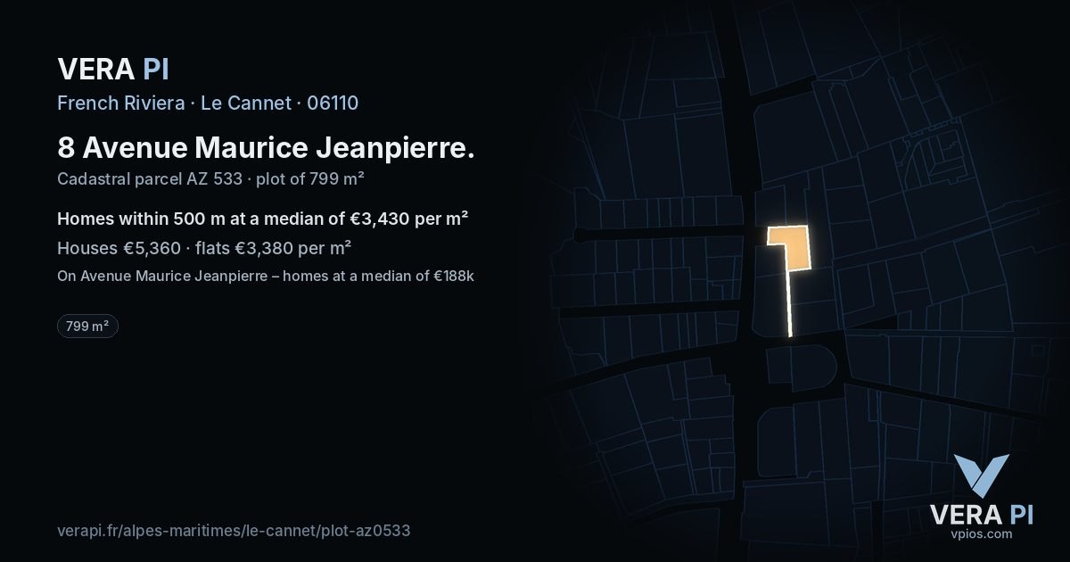 8 Avenue Maurice Jeanpierre, Le Cannet at night – the plot lit, the parcels around coloured by the prices near them