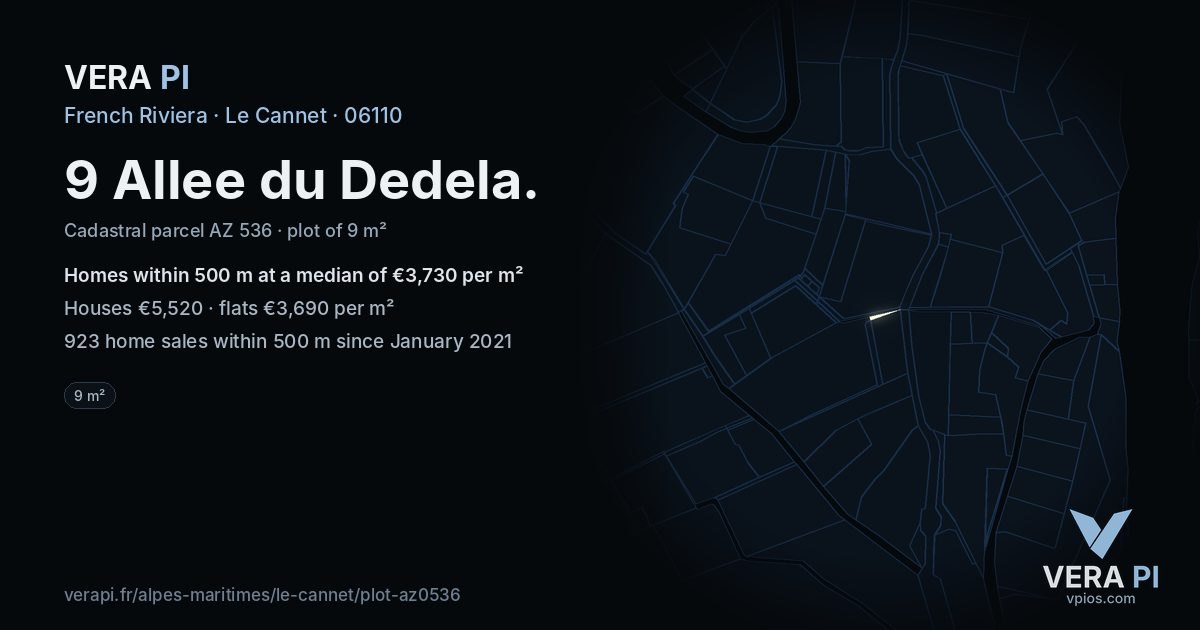 9 Allee du Dedela, Le Cannet at night – the plot lit, the parcels around coloured by the prices near them