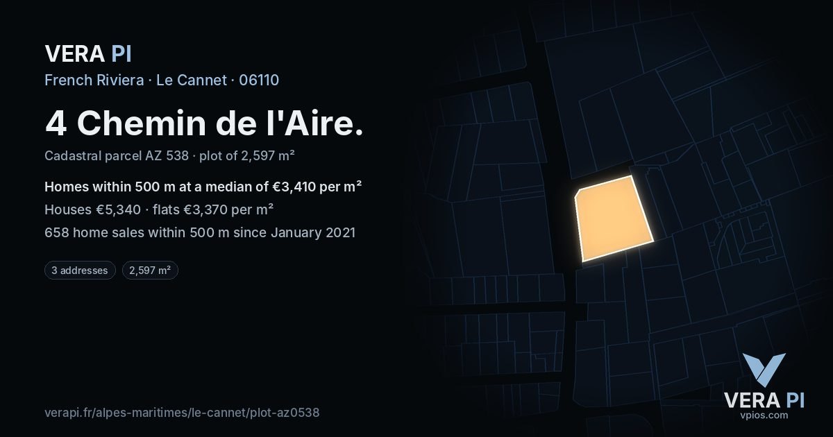 4 Chemin de l'Aire, Le Cannet at night – the plot lit, the parcels around coloured by the prices near them