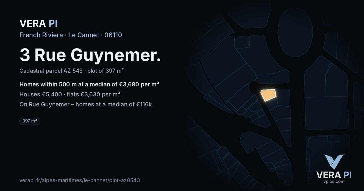 3 Rue Guynemer, Le Cannet at night – the plot lit, the parcels around coloured by the prices near them