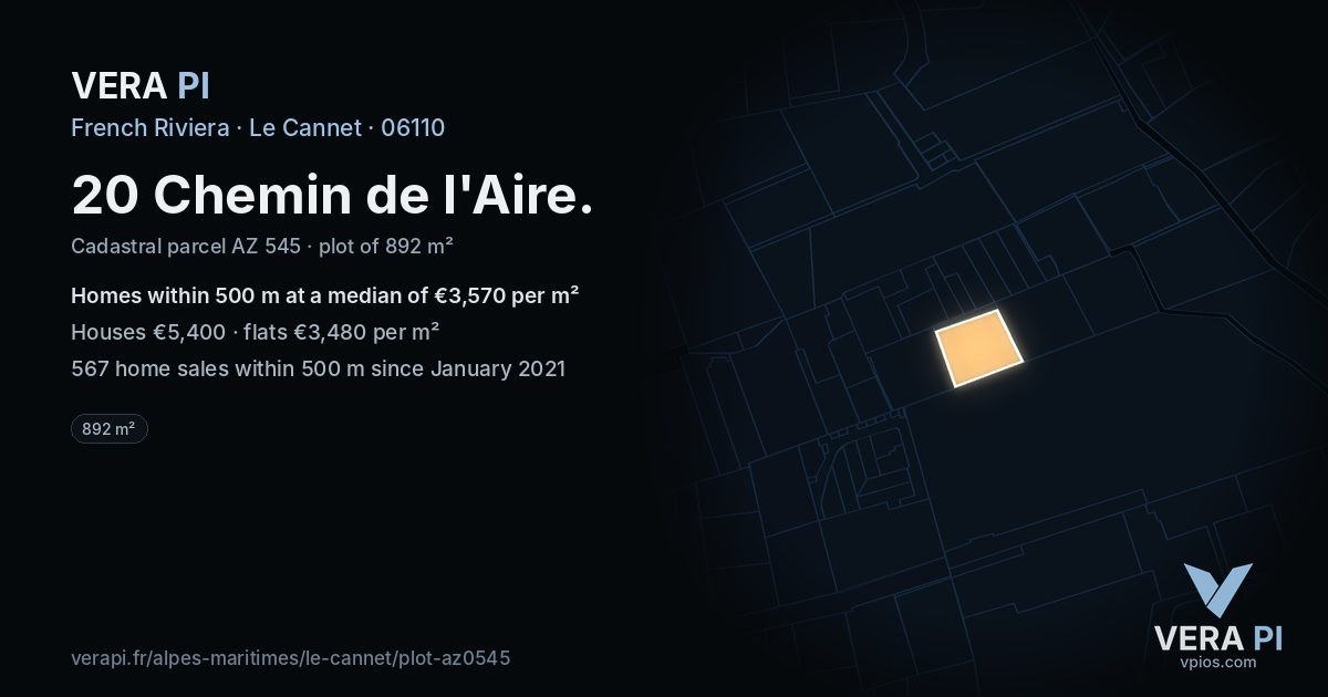 20 Chemin de l'Aire, Le Cannet at night – the plot lit, the parcels around coloured by the prices near them