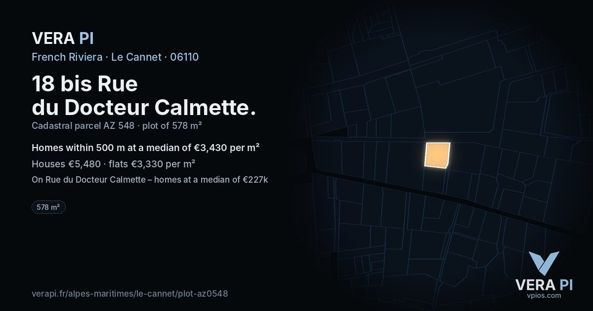 18 bis Rue du Docteur Calmette, Le Cannet at night – the plot lit, the parcels around coloured by the prices near them