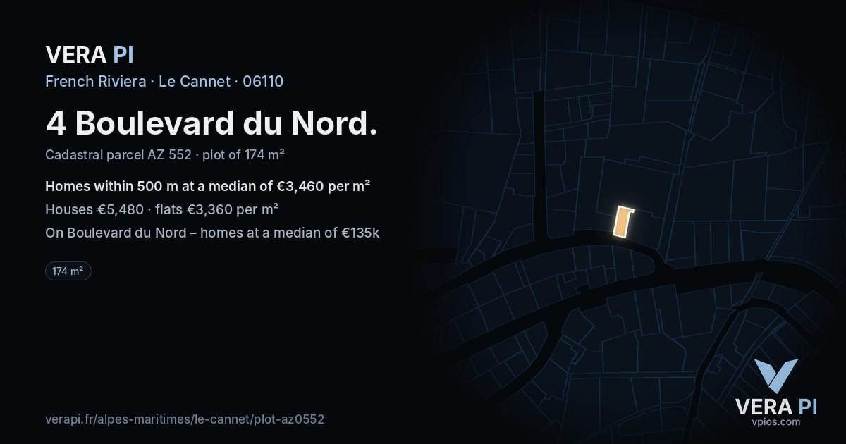 4 Boulevard du Nord, Le Cannet at night – the plot lit, the parcels around coloured by the prices near them