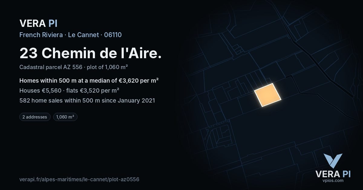 23 Chemin de l'Aire, Le Cannet at night – the plot lit, the parcels around coloured by the prices near them
