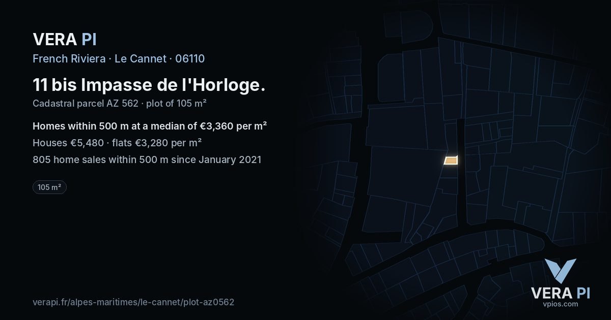 11 bis Impasse de l'Horloge, Le Cannet at night – the plot lit, the parcels around coloured by the prices near them