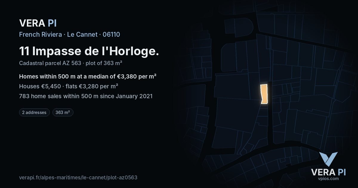 11 Impasse de l'Horloge, Le Cannet at night – the plot lit, the parcels around coloured by the prices near them